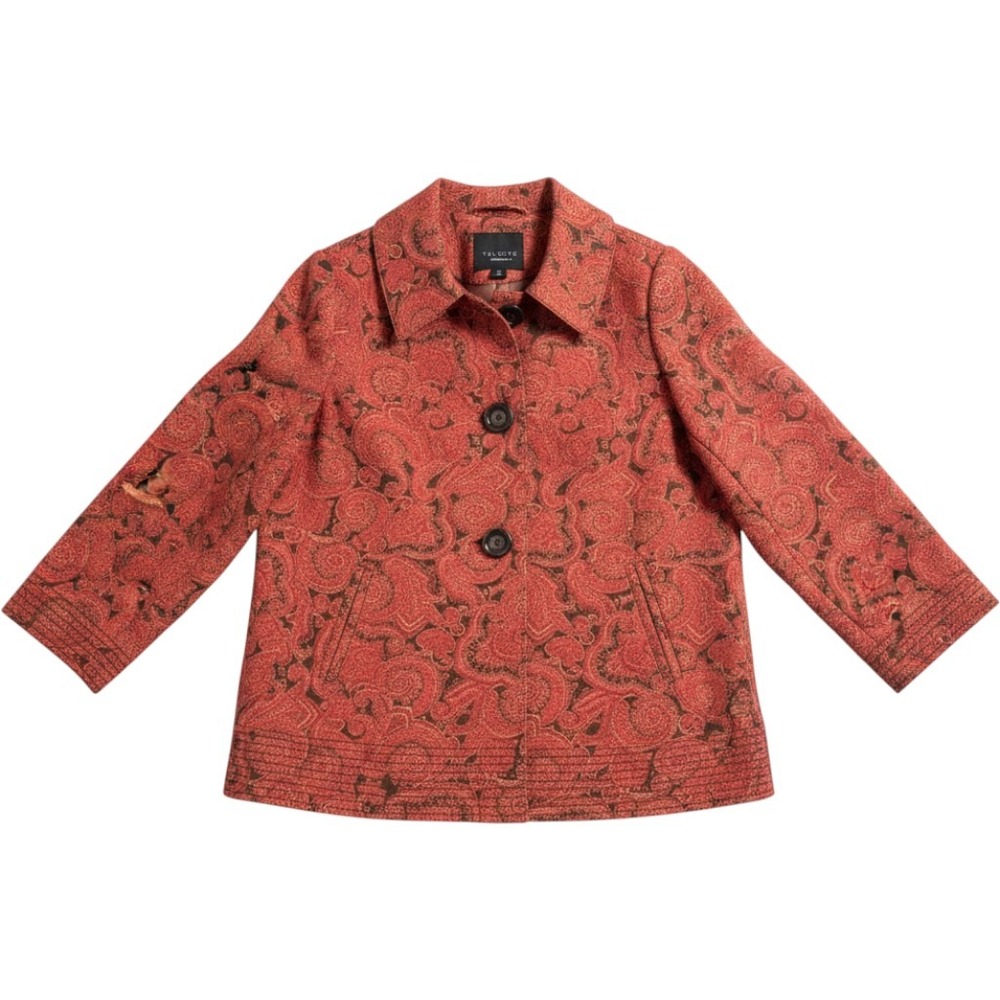 Talbots Paisley Car Coat M Red Brown Button Front Stretch Jacket Classic Boho